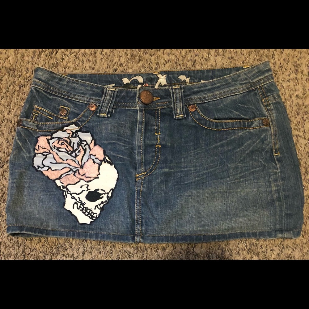 Grail Skull Embroidered  denim skirt